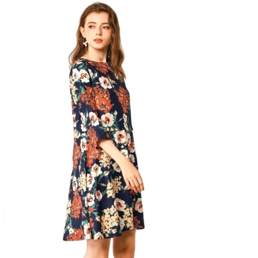 Navy and orange floral shift dress with pockets size medium